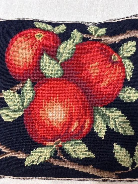 Vintage Lillian Vernon Needlepoint Fruit Pillow with Red Apples and Velvet Back - Picture 9 of 10